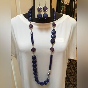 Chico’s Blue & Purple Chunky Long Necklace & Earrings Set.